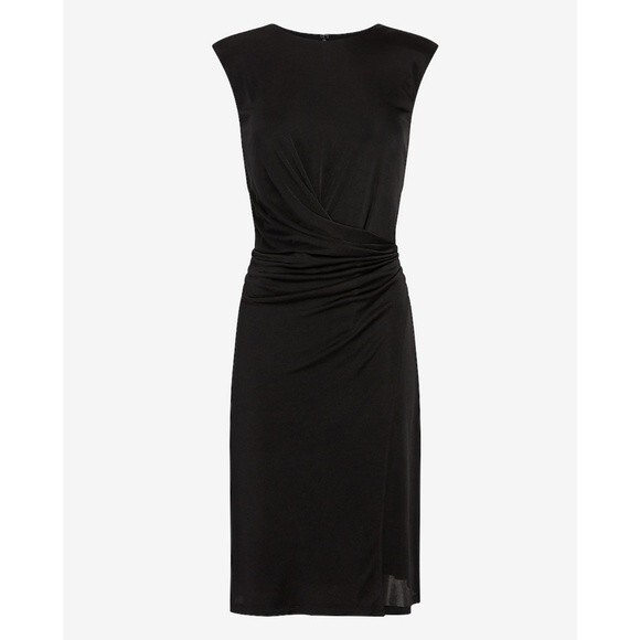 NWT EXPRESS Black Satin Cap Padded Shoulder Sleeve Ruched Dress XS - Picture 16 of 16
